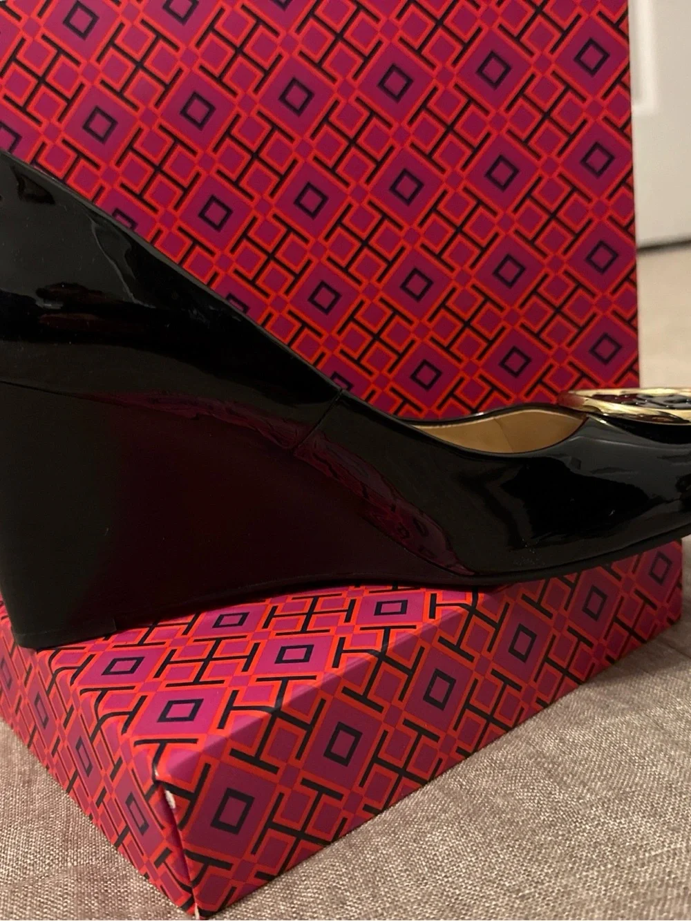 Tory Burch Black Patent Logo Round-Toe Heels with Gold Trim